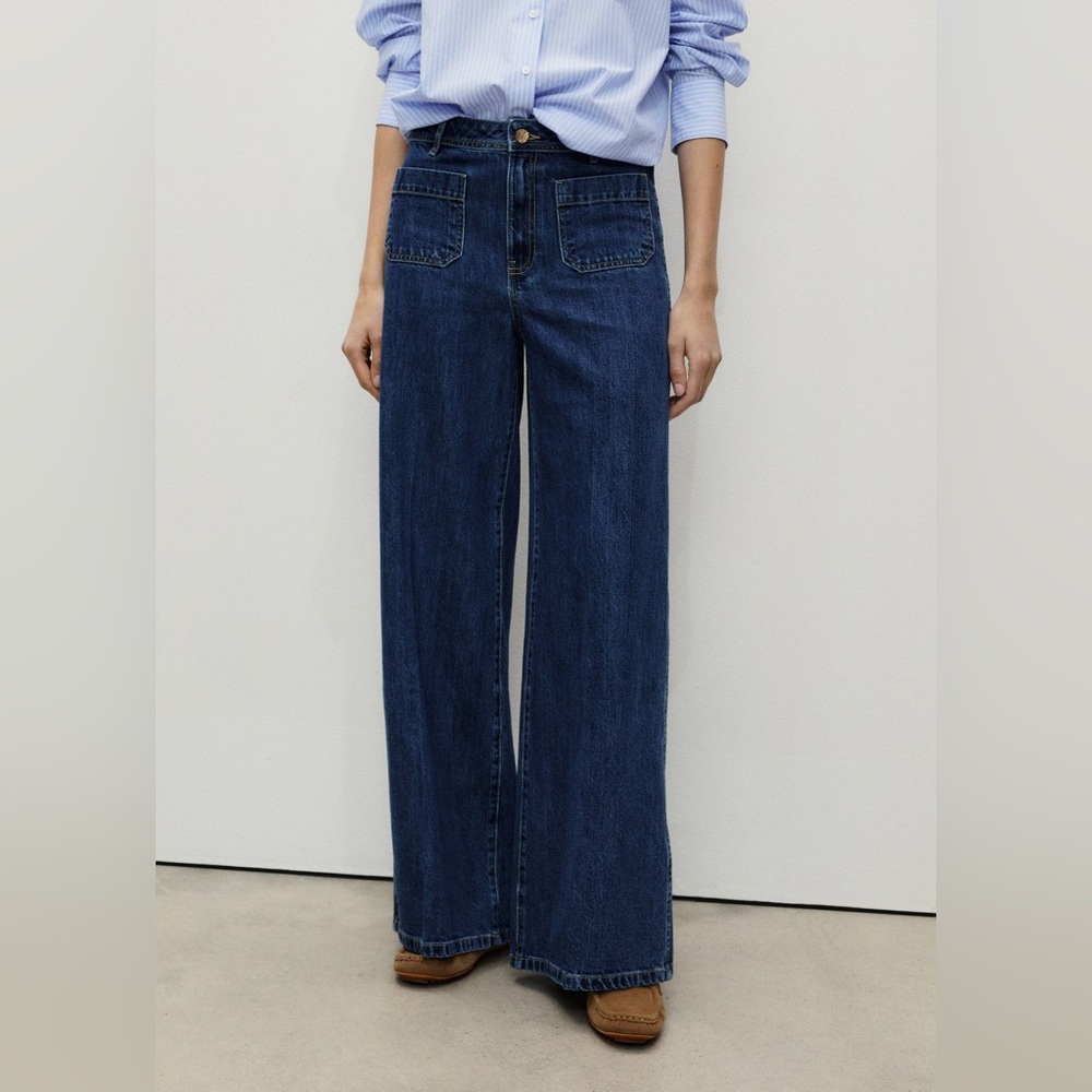 Mango Dark Blue Wide Leg Flare Jeans High Rise Denim Trouser Jean